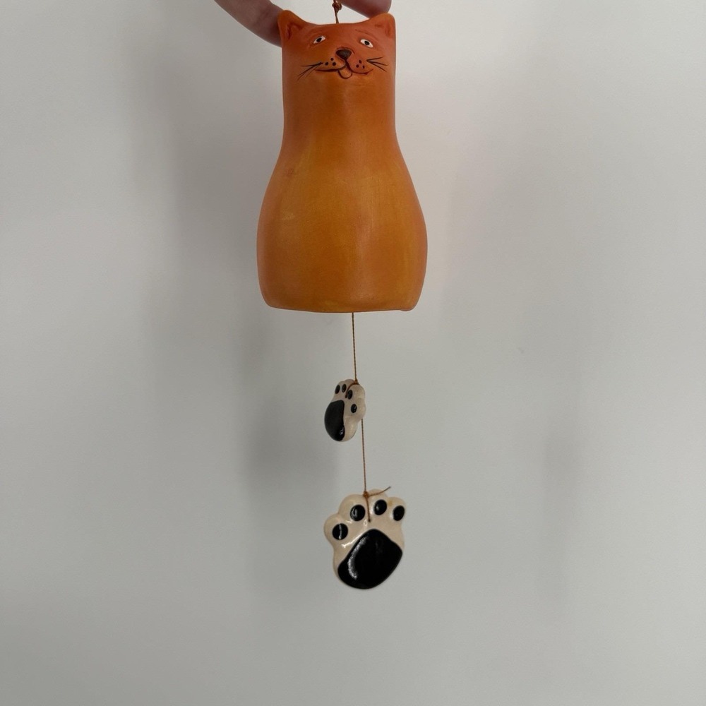 Clay Hand painted Orange Cat Figure‎ & Paws Wind Chime Hanging Decor 2 FT